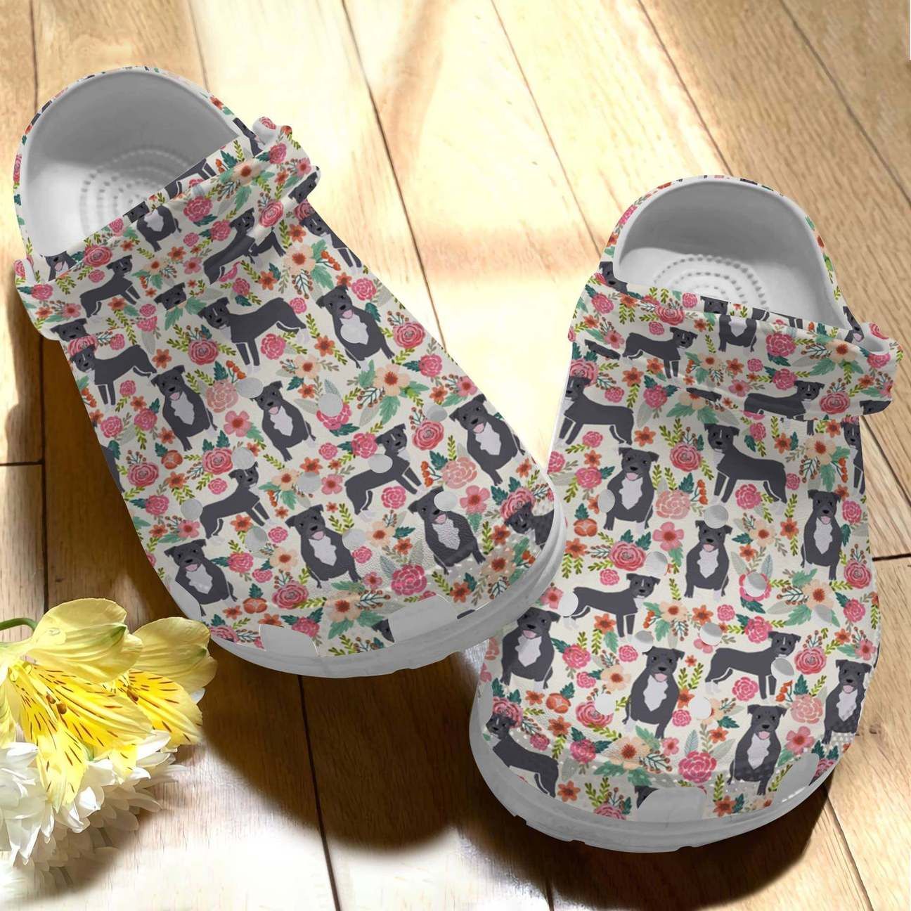 Pitbull Personalize Clog Custom Crocs Fashionstyle Comfortable For Women Men Kid Print 3D Whitesole Floral Dogs