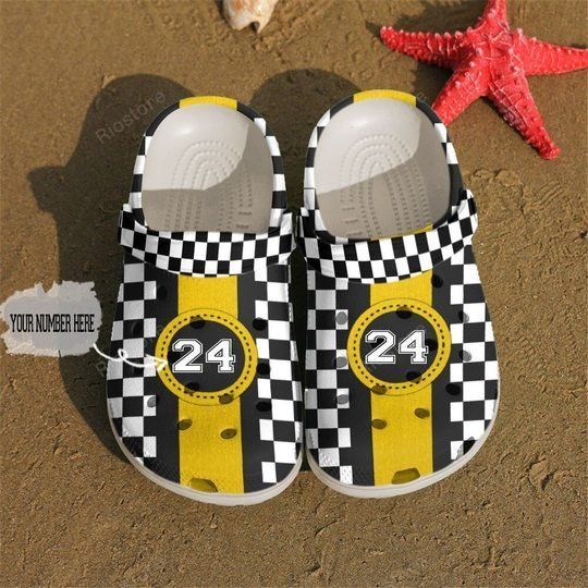Racing Checkered Flag Yellow Personalize Clog Custom Crocs Clog Number On Sandal Fashion Style Comfortable For Women Men Kid