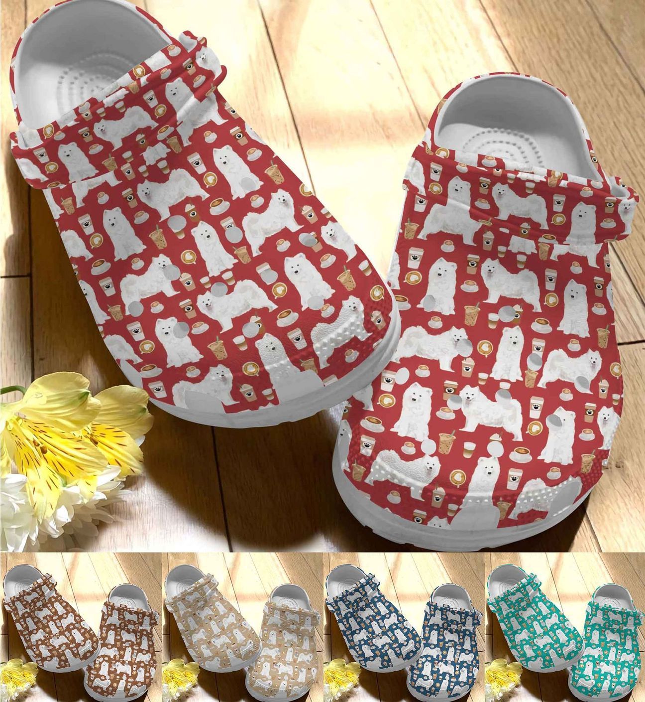 Samoyed Personalize Clog Custom Crocs Fashionstyle Comfortable For Women Men Kid Print 3D Whitesole Samoyed And Coffee