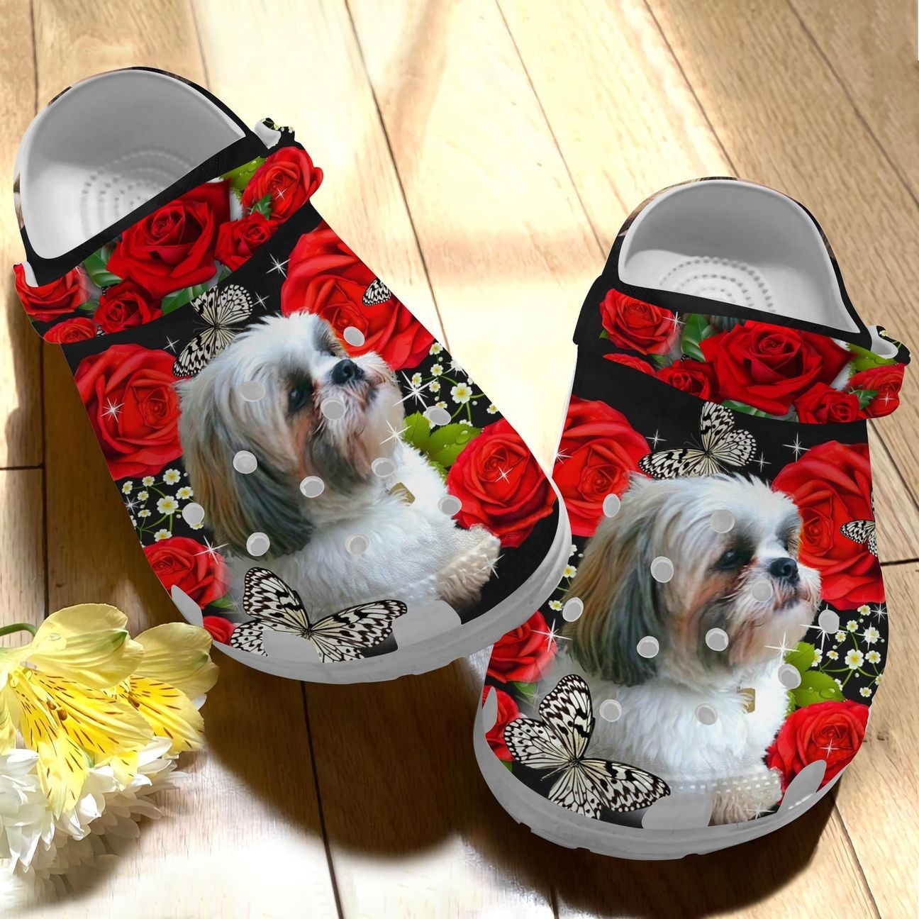 Shihtzu And Roses Personalize Clog Custom Crocs Fashionstyle Comfortable For Women Men Kid Print 3D Whitesole