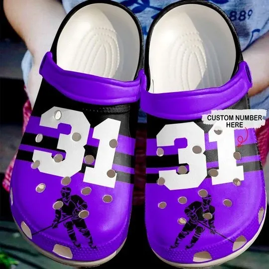 Simply Love Hockey Purple Personalize Clog Custom Crocs Clog Number On Sandal Fashion Style Comfortable For Women Men Kid