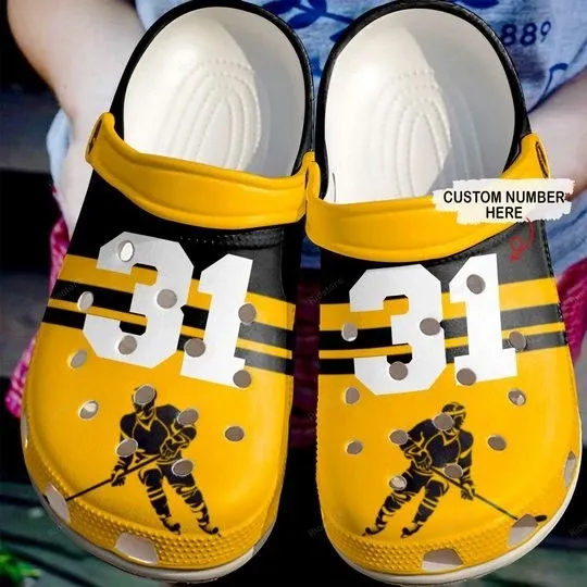 Simply Love Hockey Yellow Personalize Clog Custom Crocs Clog Number On Sandal Fashion Style Comfortable For Women Men Kid